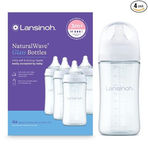 Lansinoh Glass Baby Bottles, Anti-Colic, White, 8oz, 4 Count, with Medium Flow Nipples (Size M, 3-6 Months), Baby Feeding Essentials