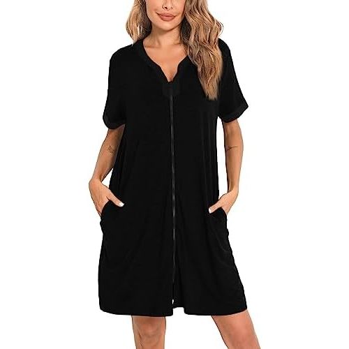 SWOMOG Women Zipper Front House Coat Short Sleeves Robe Zip up Bathrobes Short Nightgown with Pockets S-3XL