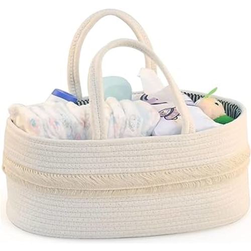 YiLiiod Baby Diaper Caddy Organizer Large Cotton Rope Nursery Organizers and Storage Basket for Boys and Girls White Baby Shower Gifts Hanging Diaper with Burp for Newborn Essentials Portable Car