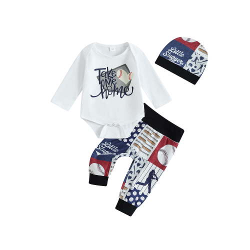 Qtinghua Newborn Infant Baby Girl Boy Fall Winter Clothes Letter Print Romper and Beball Print Pants Hat Outfits White 0-3 Months