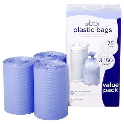 Ubbi Diaper Pail Plastic Bags, Disposable Baby Waste Bags, 3 Pack, 75 Count, 13-Gallon Bags