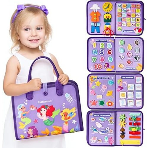 hahaland Busy Board Montessori Toys - 3 Year Old Girl Gifts Bithday Gift Ideas - 8 in 1 Preschool Learning Activities - Christmas Toddler Stocking Stuffers Gifts
