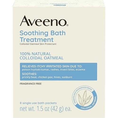 Aveeno Fragrance Free Soothing Bath Treatment, 100% Natural Colloidal Oatmeal, Sensitive Skin Bath Soak for Relief of Dry, Itchy, Irritated Skin Due to Eczema & Hives, Bath Packets, 8 ct.