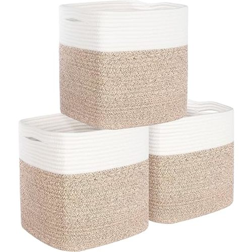 MINTWOOD Design 3-Pack 11x11 Inch Cube Storage Bin, Woven Storage Cube Organizer, Closet Organizer, Cute Square Storage Bins, Decorative Classroom Bathroom Pantry and Shelf Baskets, Light Brown