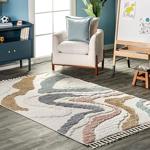 nuLOOM Abstract Striped Kids Tassel Area Rug, 5x8, Beige