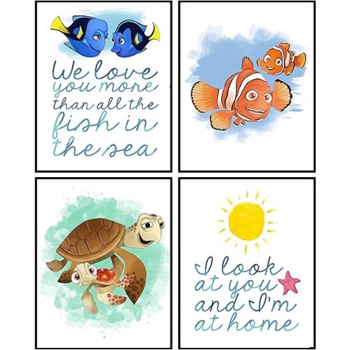 Silly Goose Gifts Nemo Fish Ocean Themed Character Wall Art Print Decor with Quotes Made in USA (Fish In The Sea Set of 4)