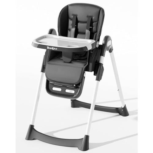 High Chair, Foldable High Chairs for Babies and Toddlers with Removable Tray, Height Adjustable Feeding Chair, Adjustable Backrest and Footrest, Black