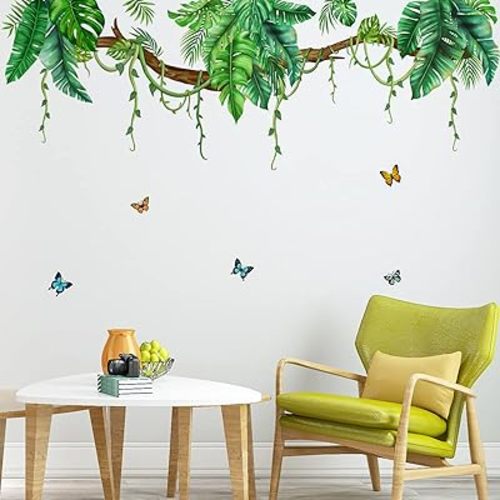 Tropical Palm Leaf Hanging Vine Wall Stickers Decor, Leaves Green Plant Butterfly Peel and Stick Wall Decal, Removable DIY Art Murals Applique Wallpaper for Bedroom Nursery Home Decoration