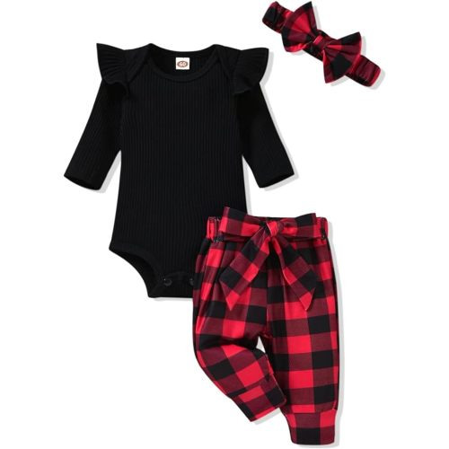 Aalizzwell Newborn Baby Girls Christmas Outfits Ribbed Bodysuit Romper Buffalo Plaid Pants Set Fall Winter Xmas Clothes NB