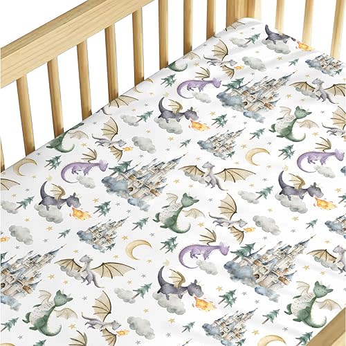 EyMzcod Baby Boy Girl Standard Crib Sheet Covers Dragon Tale Castle, Watercolor Green Moon Cloud Star Tree Snug Fitted Toddler Mattress Sheet, Soft Stretchy Breathable Kid Nursery Bed Decor Gift 52x28