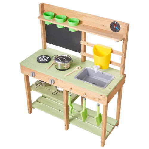 KFFKFF Outdoor Wooden Mud Kitchen for Kids, Backyard Play Kitchen with Stove, Sink, Water Tank, Gardening Tools, Cooking Utensils, Storage Box, and Accessories, Ideal for Home or Garden Play