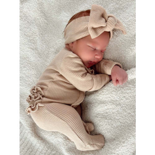 Organic Waffle 2-Way Zip Ruffle Footie, Tan