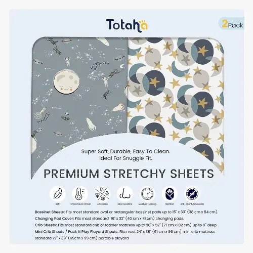 TotAha Space Crib Fitted Sheet, Super Stretchy Jersey Star Crib Sheets, Buttery Soft Boy Crib Mattress Sheets, Ultra Breathable Baby Bed Sheets 28x52x9 Extra Deep Pocket, 2 Pack