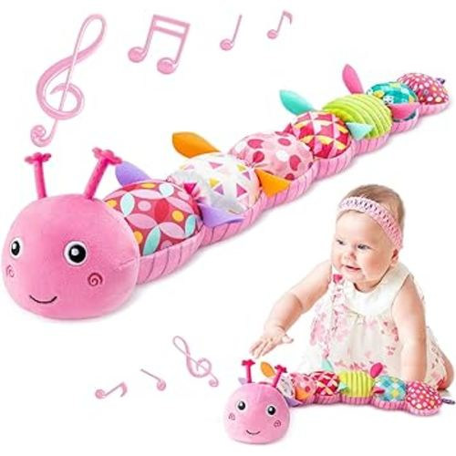 Infant Baby Musical Stuffed Animal Toys for 0-3-6-12 Months,Multi Sensory Toys with Crinkle and Rattles, Tummy Time Toys for Newborn Boys Girls, Caterpillar, Pink