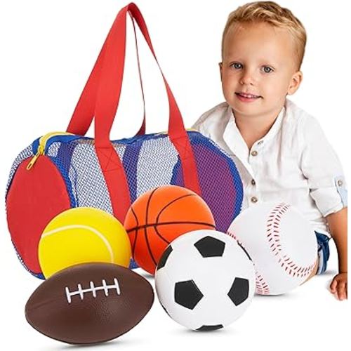 Neliblu Set of 5 Foam Balls for Kids - Soft Balls for Toddlers 1-3 with Bag - Includes Soccer, Basketball, Football, Baseball and Tennis - Suitable for Babies - Throwing Toys for Kids and Toddlers