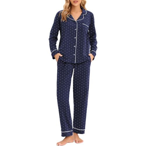 LUBOT 100% Cotton Pajamas for Women PJ Set Soft Button-Down 2 Piece Set Knitted Long Sleeve Sleepwear Loungewear XS-XXL