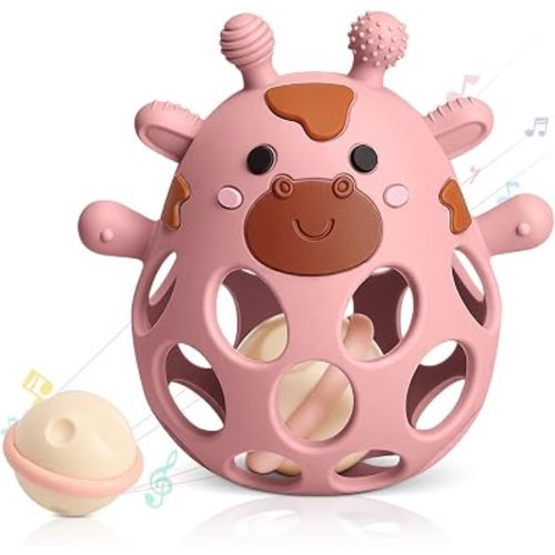 Baby Teething Rattle Toys 3-6 6-12 Months, BPA Free Silicone Teether Ball
