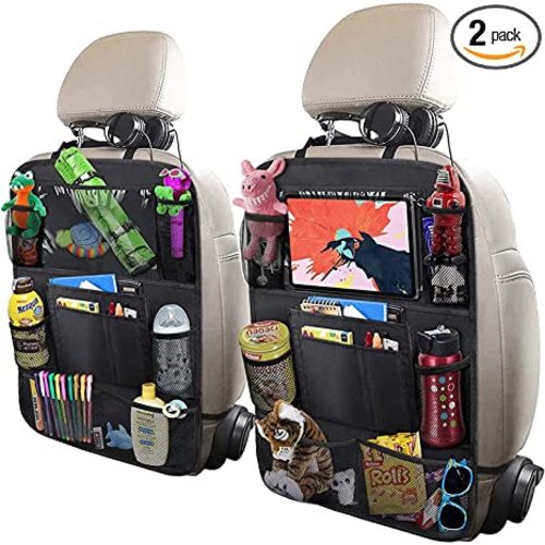 ULEEKA Car Backseat Organizer with 10" Table Holder, 9 Storage Pockets Seat Back Protectors Kick Mats for Kids/Toddlers, Travel Accessories, 2 Pack