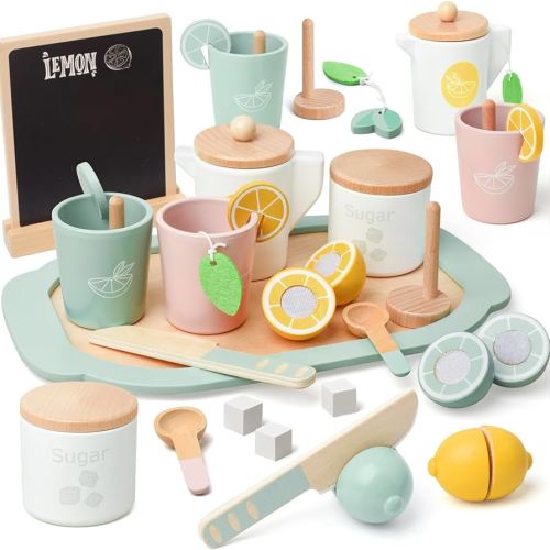 Amazon.com: Masonbaby Lemonade Stand for Kids Tea Set Pretend Play Toys Tea Party Set Lemonade Stand Supplies No Assembly Required Non-Toxic Wooden Toys Tea Sets for Toddlers 3-5 Birthday Gift : Toys & Games
