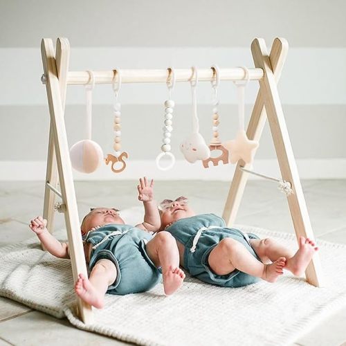 Wooden Baby Gym with 6 Gym Toys, Foldable Baby Play Gym, Natural Pine Wood Play Gym, Frame Activity Center Hanging Bar, Wooden Play Gym - wooden play gym