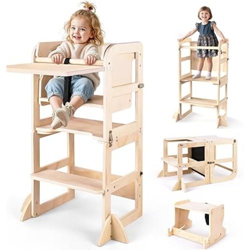 6 in-1 Toddler Kitchen Step Stool with Wooden Stool, Foldable Learning Standing Tower with Blackboard & Feeding Tray, Wooden Kitchen Stool Helper for Kids, 1-3 Year Old Boy Girl Gifts