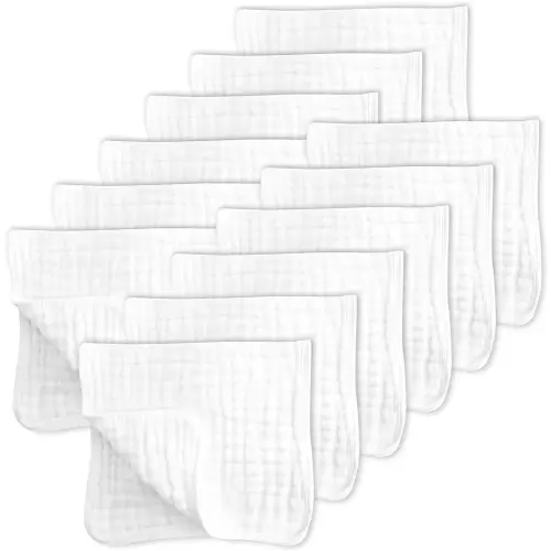 SWEET DOLPHIN 12 Pack Muslin Burp Cloths Large 100% Cotton Hand Washcloths for Baby - Baby Essentials Extra Absorbent and Soft Boys & Girls Milk Spit Up Rags for Newborn Registry - White, 20" X10"