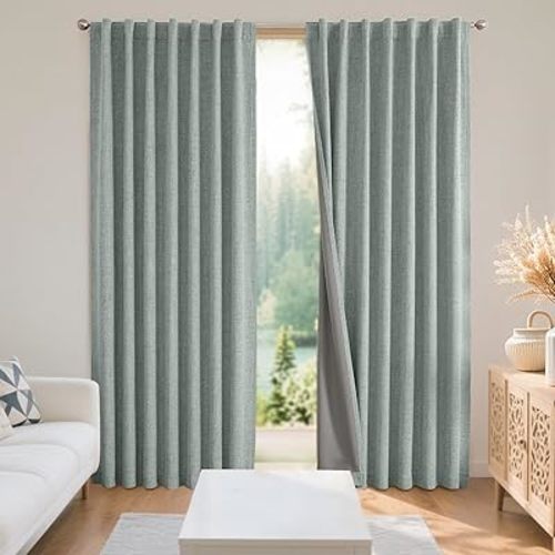 Joydeco Black Blackout Curtains for Bedroom - Linen Curtains84 inch, 100% Thermal Insulated 2 Panels Light Blocking Drapes, Rod Pocket & Back Tabs, Darkening Privacy for Living Room