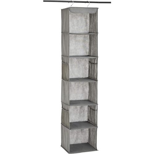 Amazon Basics 6-Tier Hanging Closet Shelf Organizer With Pockets, 8.5" D x 12" W x 9" H, Grey