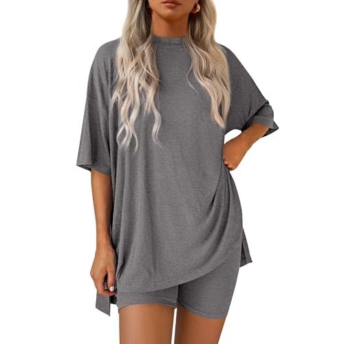 PRETTYGARDEN Women's Two Piece Lounge Set 2025 Summer Casual Oversized Shirts Biker Shorts Matching Airport Travel Outfit