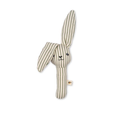 bunny hand rattle in tea stripe