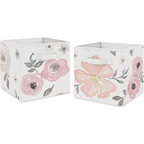 Sweet Jojo Designs Pink and Grey Watercolor Floral Foldable Fabric Storage Cube Bins Boxes Organizer Toys Kids Baby Childrens for Collection Set of 2