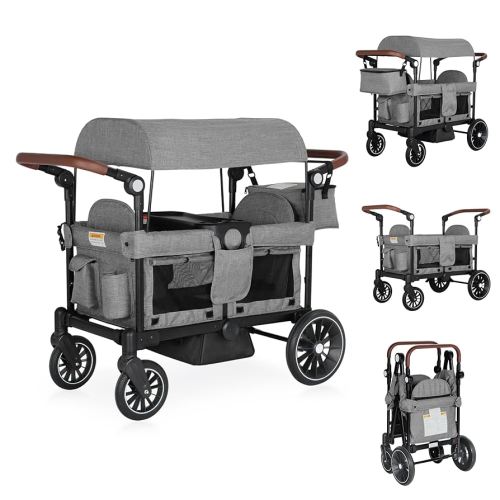 Wagon Stroller for 2 Kids, All-Terrain Stroller Wagon, Foldable Kids Wagon Cart Featuring with Harnesses, Adjustable Double Push Handle, Removable Canopy, Snack Tray, Large Storage Bag, Gray