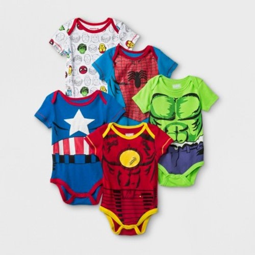 Baby Boys' 5pk Marvel Spider-Man, Iron Man, Hulk, & Captain America Short Sleeve Bodysuit - Red/White