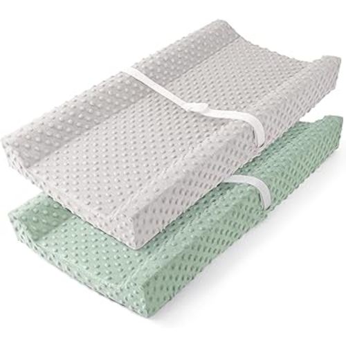 Susurration 2Pack Changing Pad Covers Super Soft Minky Dots Plush Changing Table Covers 33x17x7in Breathable Changing Pad Sheets for Unisex Baby Girls and Boys (Grey&Green)
