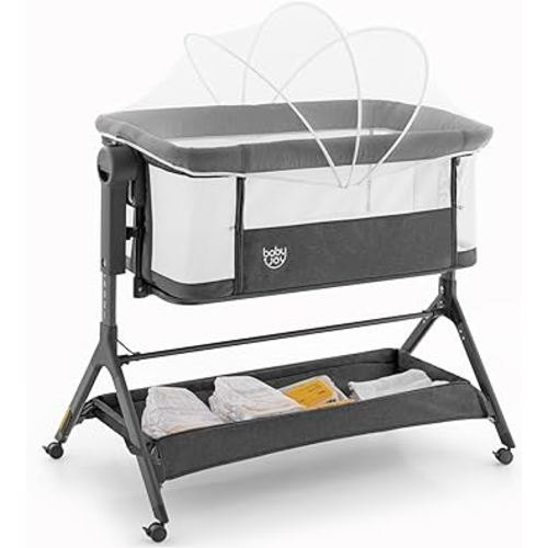 BABY JOY Bassinet, 3 in 1 Rocking Bedside Bassinet w/Storage Basket, Universal Wheels, Adjustable Height, Mattress, Net & Portable Bag, Easy Folding Crib Baby Bassinets Bedside Sleeper (Gray)