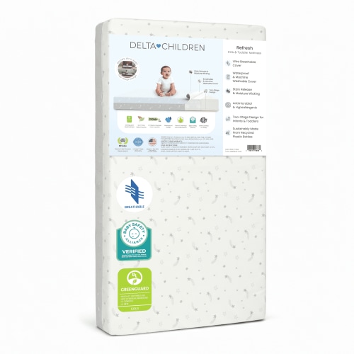 Delta Children Refresh 2-Stage Crib and Toddler Mattress - Breathable Cover and Core - Machine Washable - GREENGUARD Gold – Waterproof - Sustainably Sourced Core, Grey