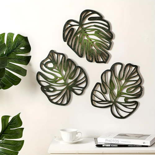 3Pcs Green Palm Leaves Wood Wall Decor, Tropical Wall Art Jungle Decor, Vintage Tropical Plant Plaque for Home Living Room Kitchen Bedroom Bathroom & Garden