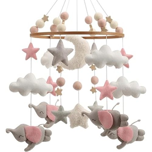 Elephant Mobile for Crib - A Beautiful Elephant Crib Mobile with Stars and Clouds and Grey Elephants with Pink Detail