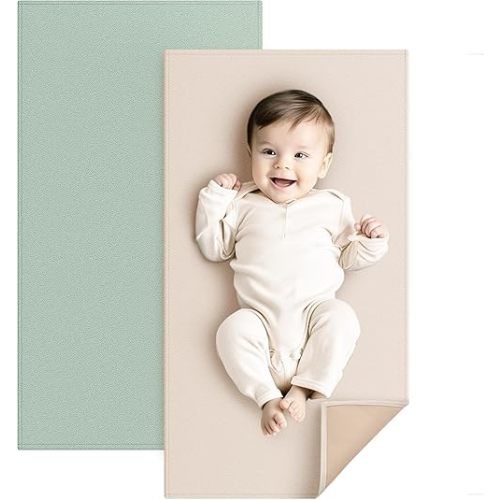 Konssy Faux Leather Baby Changing Mat, Waterproof, Wipeable & Portable Diaper Changing Pad for Travel or Home, Fits Perfectly in Diaper Bag, 30 x 17 inches (Green,Beige)