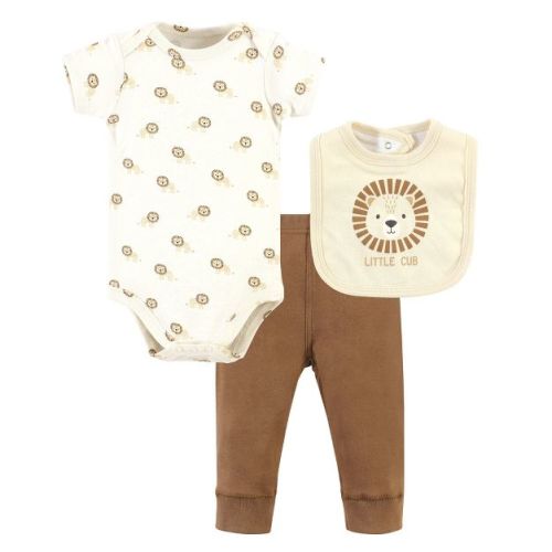 Hudson Baby Infant Boy Cotton Bodysuit, Pant and Bib Set, Brave Lion, Newborn