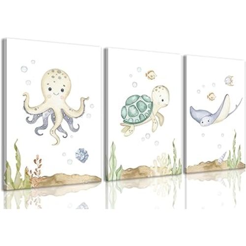 Wodkwq Ocean Nursery Decor,Nursery Wall Decor,Kids Bathroom Decor,Under The Sea,Boys Room Sea Animal Wall Art Picture Canvas Prints Set of 3,Bedroom 12x16in Framed