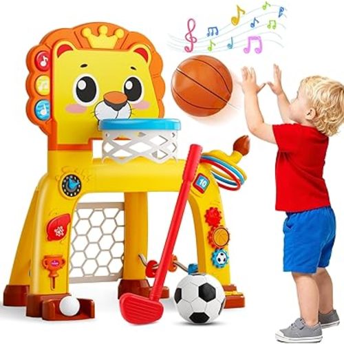 4-in-1 Toddler Basketball Hoop & Soccer Goal and Golf Toys, Interactive Lion Musical Sports Toys with Light for 1 2 3 Year Old Boys Girls, Baby Toy for 12-18 Months, Christmas Birthday Toy Gifts