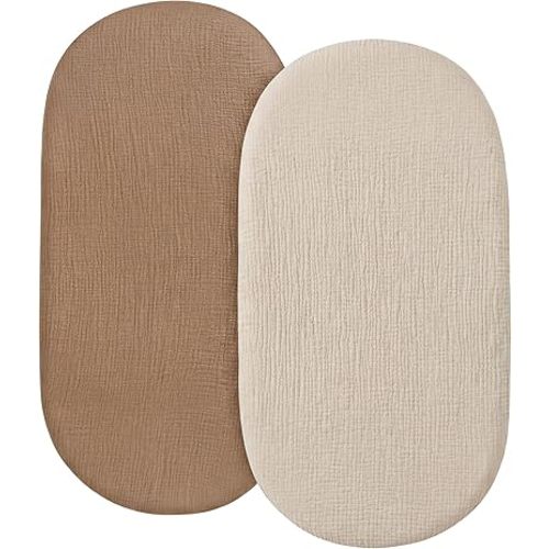 2 Pack Muslin Bassinet Sheets, 100% Cotton, Breathable & Soft (Brown＆Beige)