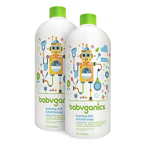 Babyganics Foaming Dish & Bottle Soap, Fragrance Free, Plant-Derived Cleaning Power, Removes Dried Milk, 32 Fl Oz (Pack of 2), Packaging May Vary