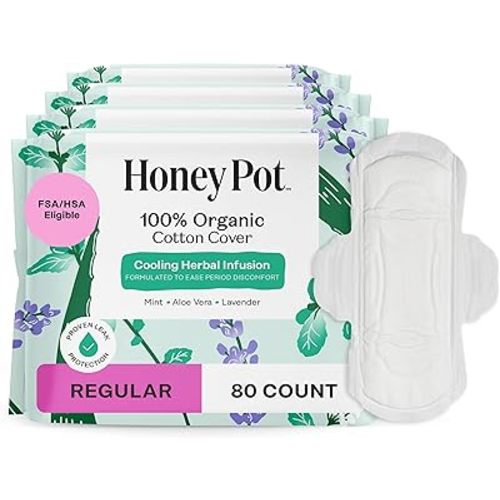 The Honey Pot Company - 80ct - Almohadillas sanitarias a base de hierbas para mujer - Flujo regular con alas - Infundidas con aceites esenciales para efecto refrescante y cubierta de algodón orgánico