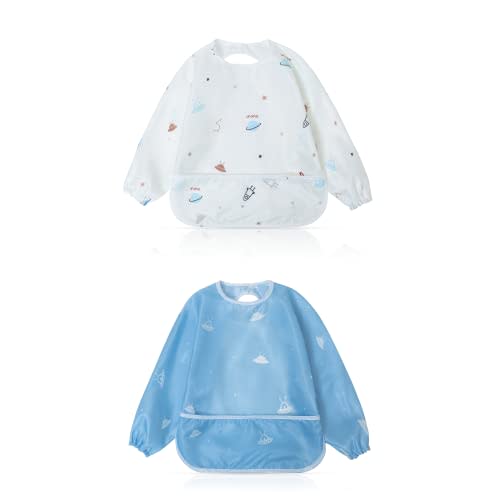 Little Dimsum Mess-Proof Baby Bibs|Infant Toddler Long Sleeve Waterproof Feeding Art Smock|Catching Food & Wipe Clean|Pack of 2 Colors Glatic&spaceship