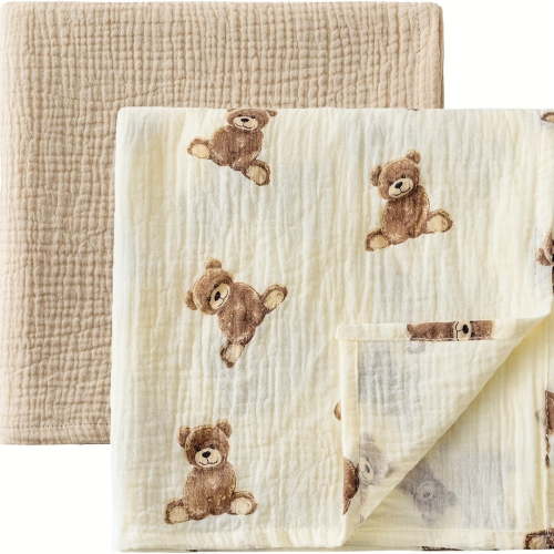 2-Pack Neutral Unisex Baby Swaddle Blankets - 40" x 40" Large Cotton Muslin Receiving Blankets for Boys & Girls, Boho Teddy Bear Nursery Design