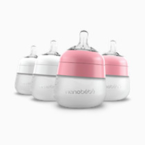 Nanobebe Flexy Silicone Baby Bottle, Anti-Colic, Natural Feel, Non-Collapsing Nipple, Non-Tip Stable Base, Easy to Clean 4-Pack, Pink/White, 5 oz