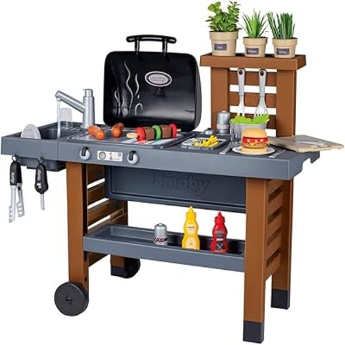 Smoby Garden Kitchen - Outdoor 43 Accessory Play Set, Kids Ages 3+, Grill w/Retractable Magic Flames, Fryer & Sink w/Water Pump Function, Pretend Play