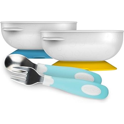 Dr. Brown’s Designed to Nourish Soft-Grip Spoon and Fork Set, Teal and No-Slip Strong Suction Bowl for Babies and Toddlers, BPA Free, 2 Pack